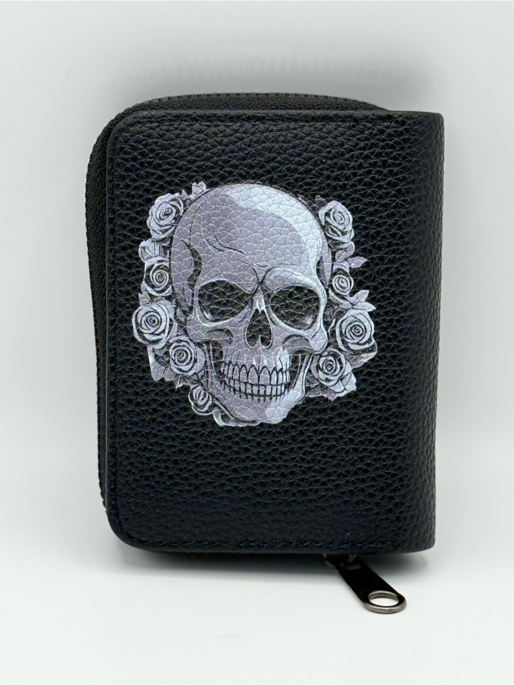 Black Gothic Skull Credit Card Holder Zip Wallet Punk Accordion